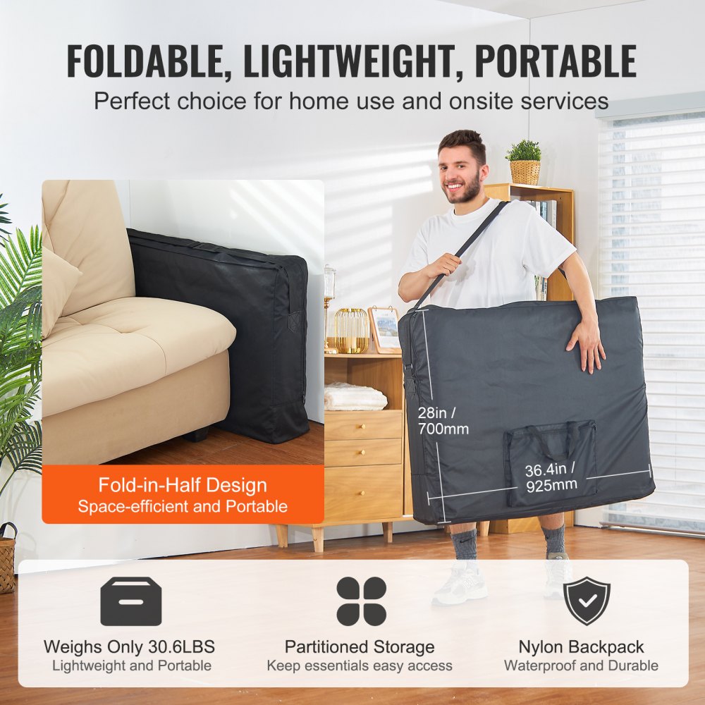 VEVOR Portable Massage Table 28" W, 2 Folding Lightweight Massage Table, 8-Level Height Adjustable Salon Tattoo Bed, Spa Table with Headrest, Armrests, Hand Pallet & Carrying Bag, 600LBS 