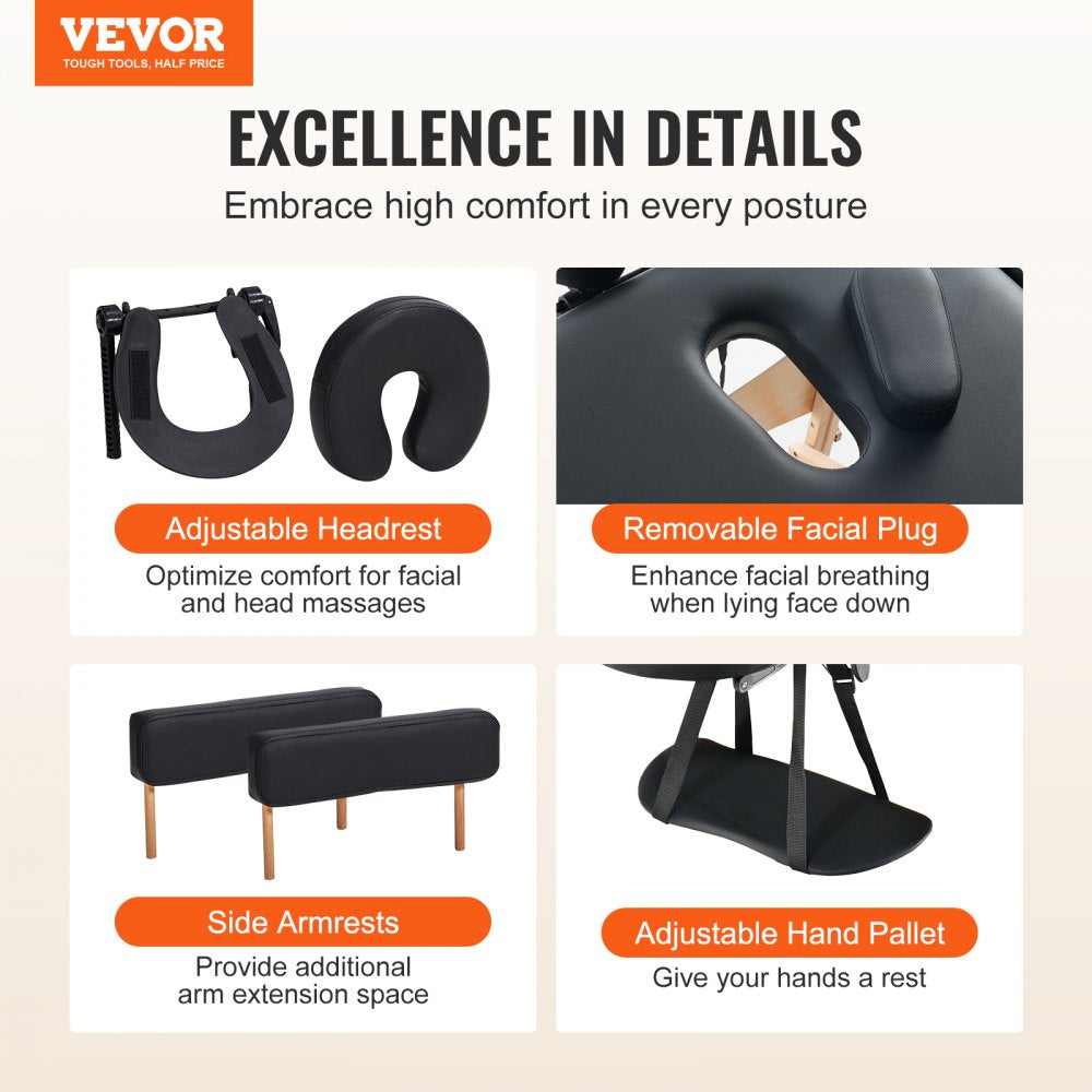 VEVOR Portable Massage Table 28" W, 2 Folding Lightweight Massage Table, 8-Level Height Adjustable Salon Tattoo Bed, Spa Table with Headrest, Armrests, Hand Pallet & Carrying Bag, 600LBS 