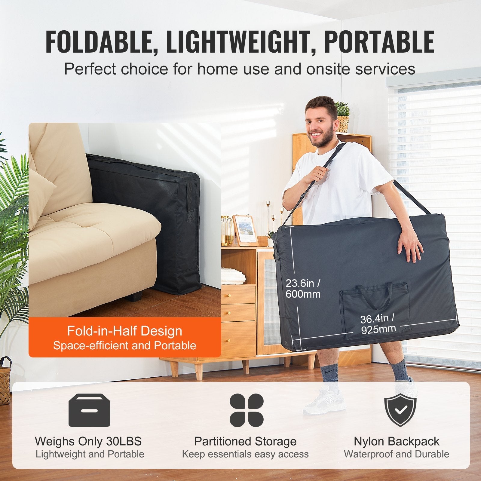 VEVOR Portable Massage Table 24" W, 2 Folding Lightweight Massage Table, 8-Level Height Adjustable Salon Tattoo Bed, Spa Table with Headrest, Armrests, Hand Pallet & Carrying Bag, 600LBS 