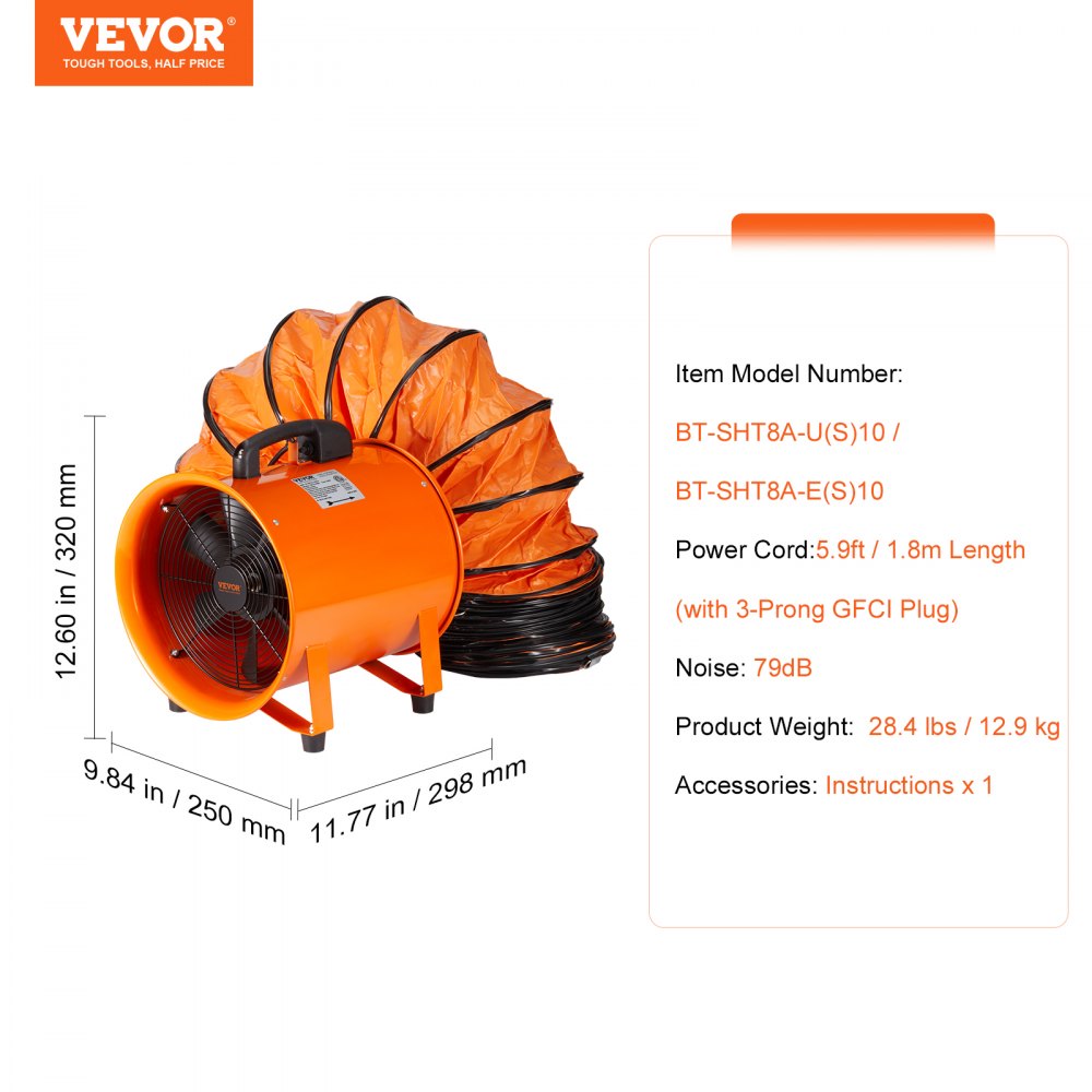 VEVOR Portable Ventilator, 8 inch Heavy Duty Cylinder Fan with 33ft Duct Hose, 195W Strong Shop Exhaust Blower 1070CFM, Industrial Utility Blower for Sucking Dust, Smoke, Smoke Home/Workplace 