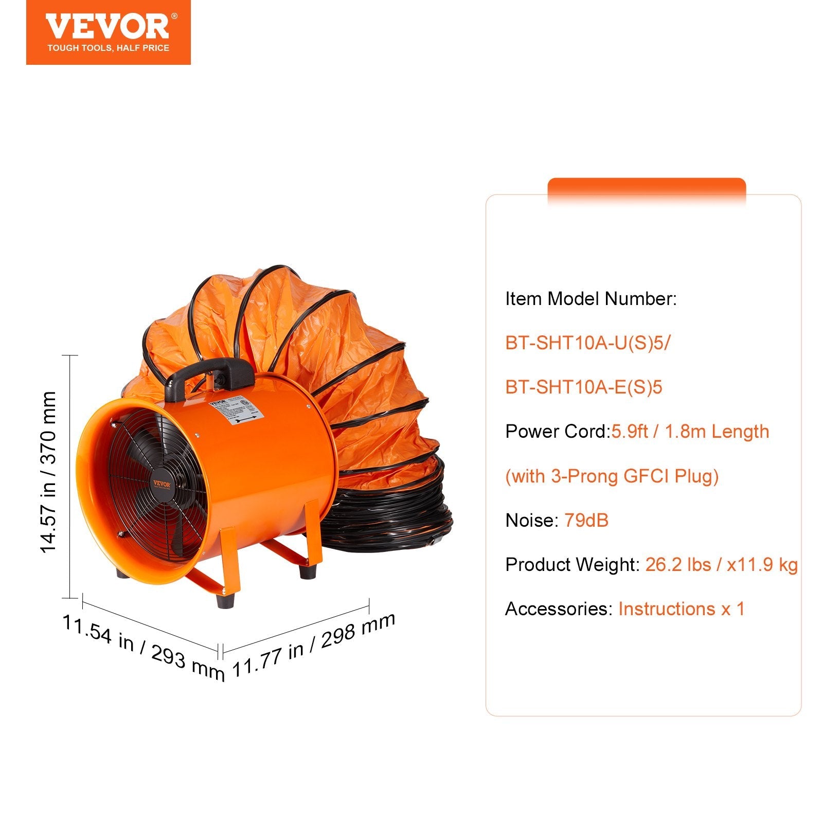 VEVOR Portable Ventilator, 10 inch Heavy Duty Cylinder Fan with 16.4ft Duct Hose, 380W Strong Shop Exhaust Blower 1893FM, Industrial Utility Blower for Sucking Dust, Smoke, Smoke Home/Workplace 