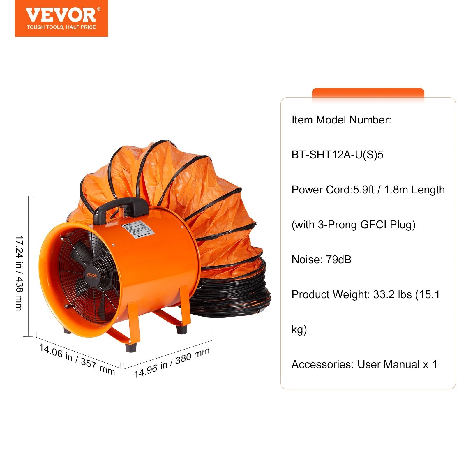 VEVOR Portable Ventilator, 12 inch Heavy Duty Cylinder Fan with 16.4ft Duct Hose, 585W Strong Shop Exhaust Blower 3198CFM, Industrial Utility Blower for Sucking Dust, Smoke, Smoke Home/Workplace 