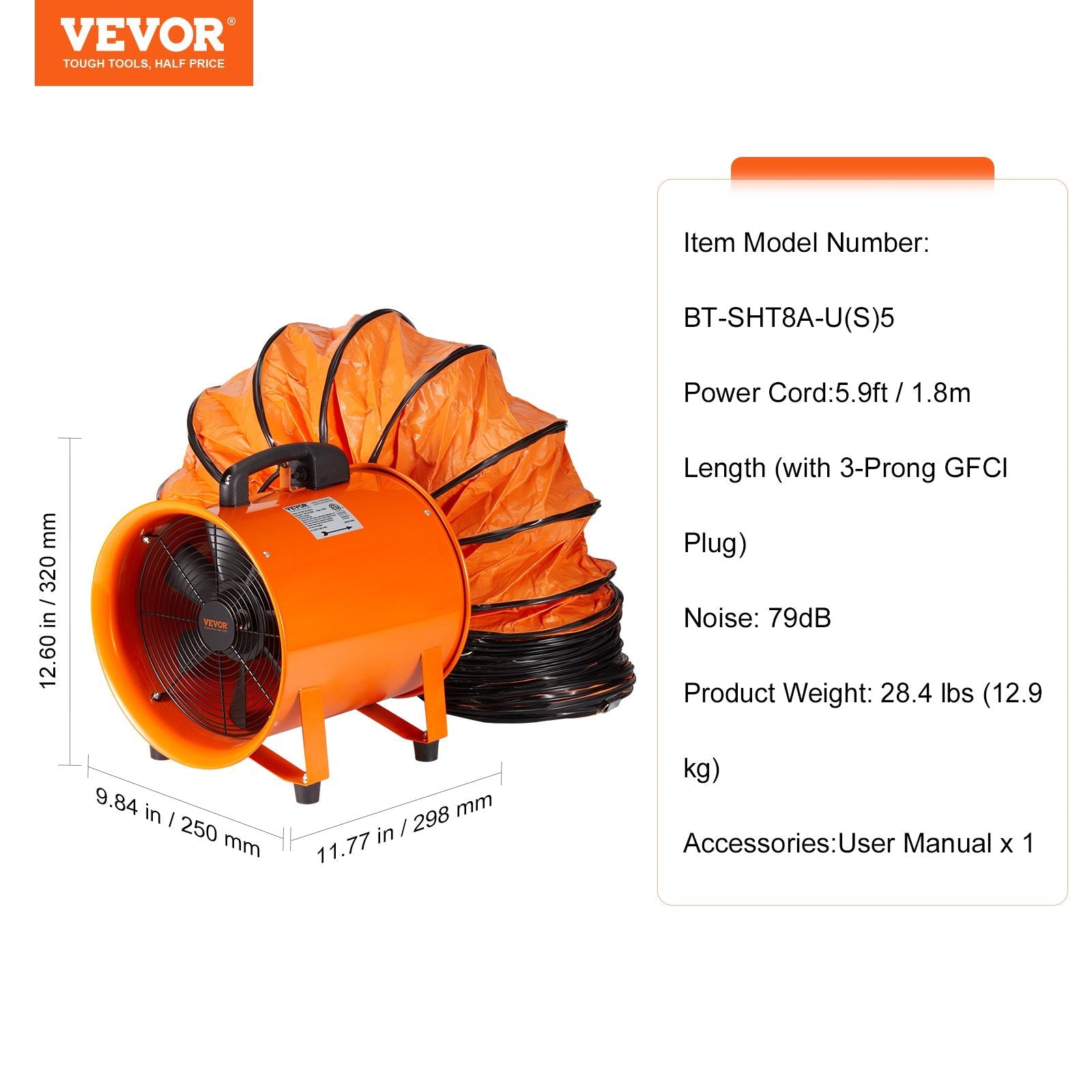 VEVOR Portable Ventilator, 8 inch Heavy Duty Cylinder Fan with 16.4ft Duct Hose, 195W Strong Shop Exhaust Blower 1070CFM, Industrial Utility Blower for Sucking Dust, Smoke, Smoke Home/Workplace 