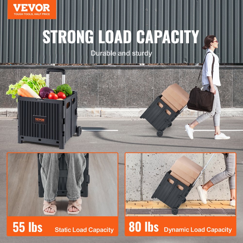 VEVOR Foldable Utility Cart, 80 lbs Load Capacity, Folding Portable Rolling Crate Handcart with Durable Heavy Duty Telescoping Handle and 2 Wheels for Travel Shopping Moving Luggage Office Use, Black 