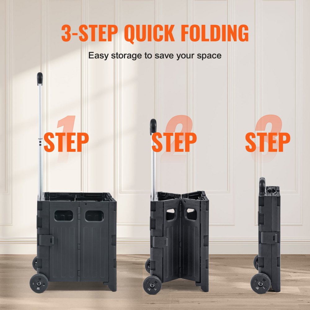 VEVOR Foldable Utility Cart, 80 lbs Load Capacity, Folding Portable Rolling Crate Handcart with Durable Heavy Duty Telescoping Handle and 2 Wheels for Travel Shopping Moving Luggage Office Use, Black 