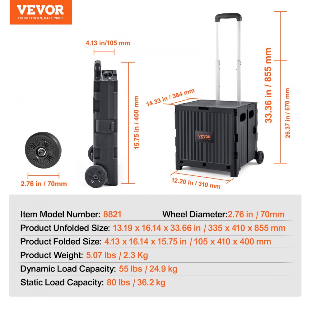 VEVOR Foldable Utility Cart, 80 lbs Load Capacity, Folding Portable Rolling Crate Handcart with Durable Heavy Duty Telescoping Handle and 2 Wheels for Travel Shopping Moving Luggage Office Use, Black 