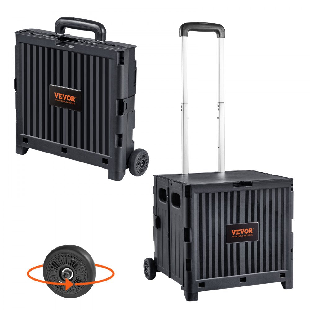 VEVOR Foldable Utility Cart, 80 lbs Load Capacity, Folding Portable Rolling Crate Handcart with Durable Heavy Duty Telescoping Handle and 2 Wheels for Travel Shopping Moving Luggage Office Use, Black 