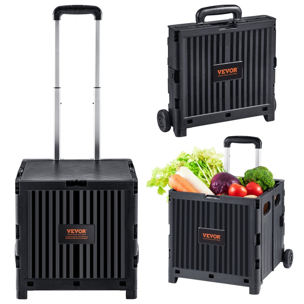 VEVOR Foldable Utility Cart, 80 lbs Load Capacity, Folding Portable Rolling Crate Handcart with Durable Heavy Duty Telescoping Handle and 2 Wheels for Travel Shopping Moving Luggage Office Use, Black 