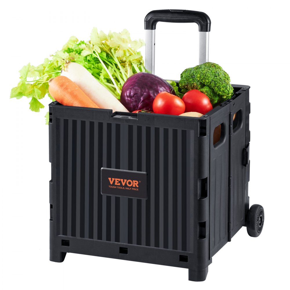 VEVOR Foldable Utility Cart, 80 lbs Load Capacity, Folding Portable Rolling Crate Handcart with Durable Heavy Duty Telescoping Handle and 2 Wheels for Travel Shopping Moving Luggage Office Use, Black 