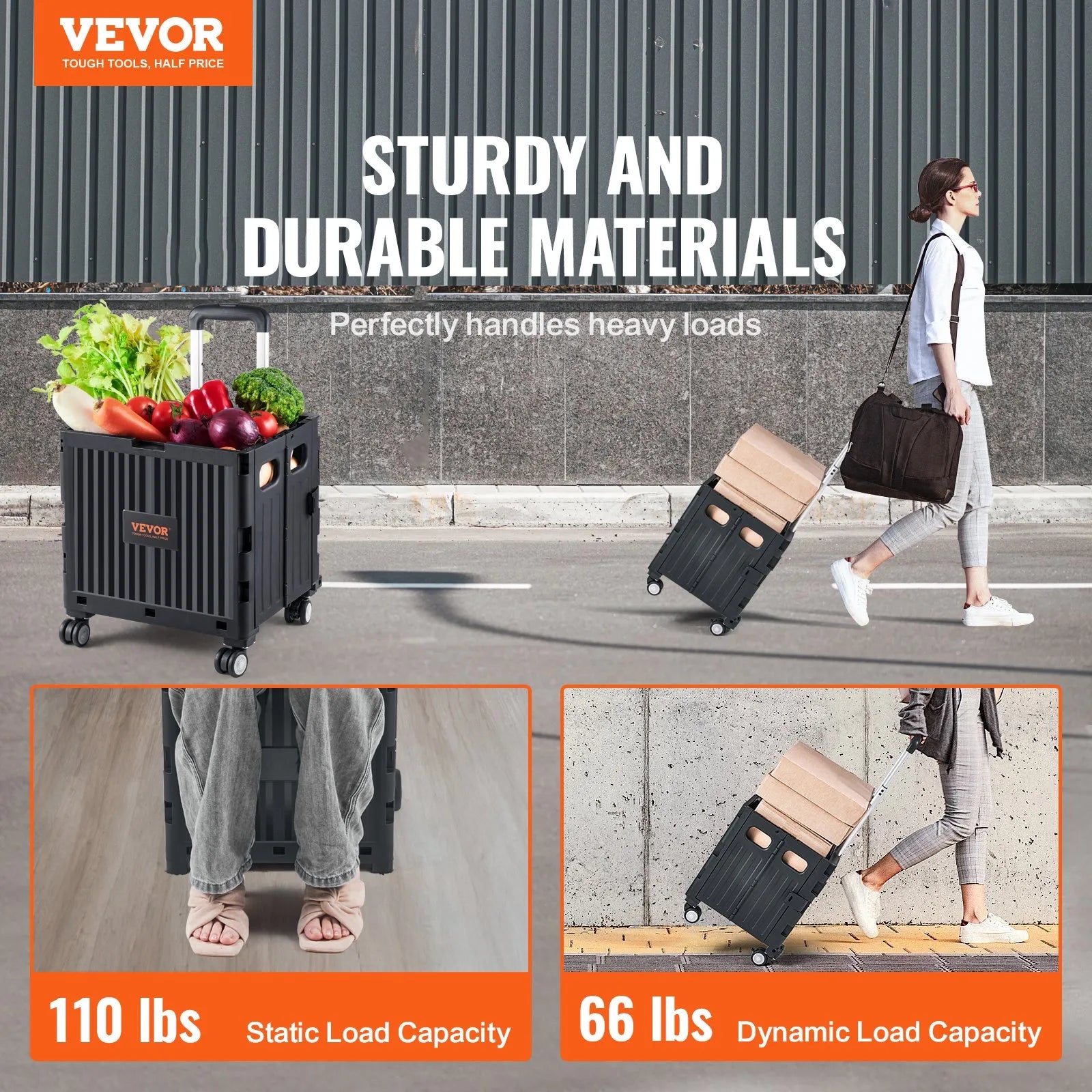 VEVOR Foldable Utility Cart, 110 lbs Load Capacity, Folding Portable Rolling Crate Handcart with Heavy Duty Telescoping Handle and 4 Rotate Wheels for Travel Shopping Moving Luggage Office Use, Black