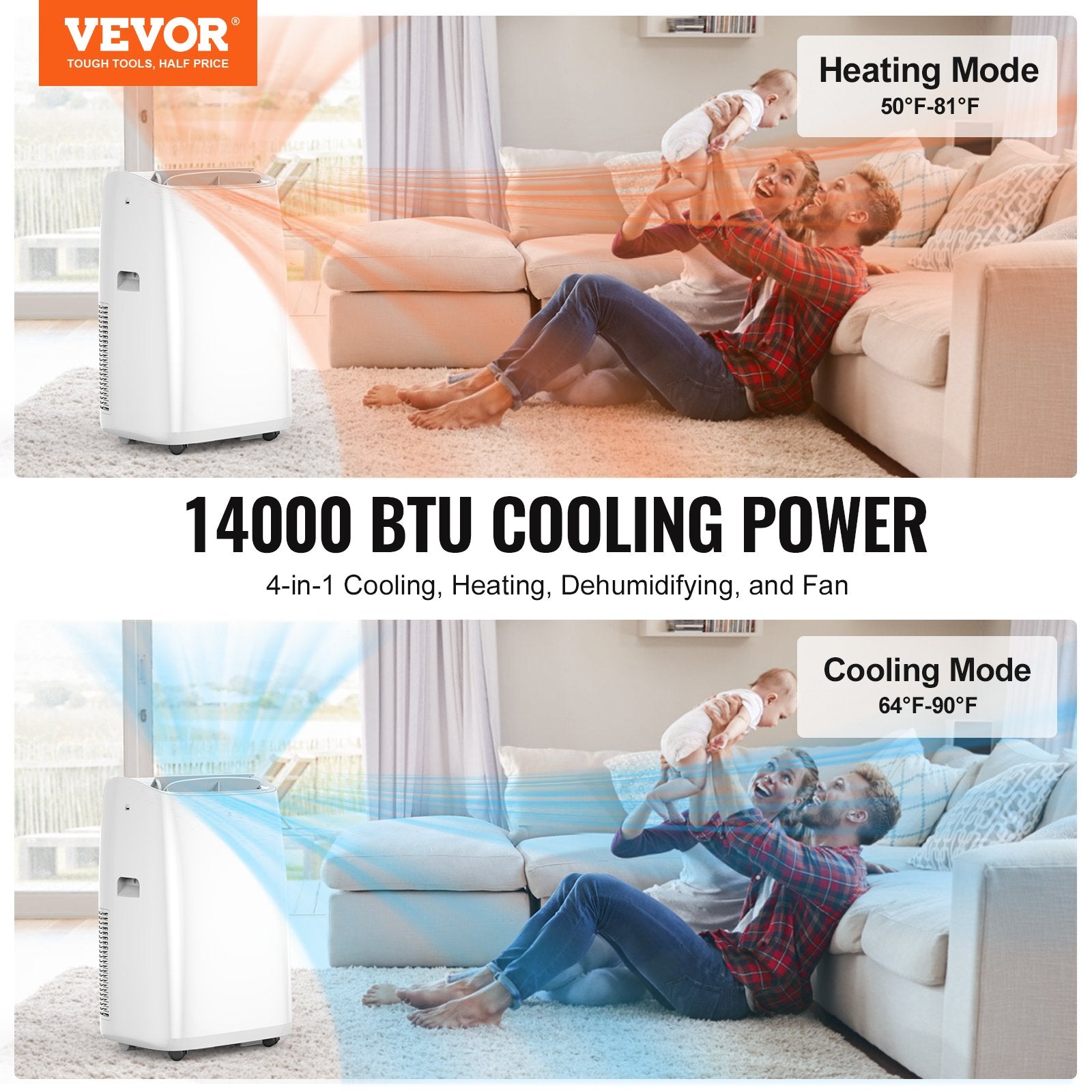 VEVOR Portable Air Conditioner 14k BTU 4 in 1 AC Warm/Cool Dehumidifier Fan 