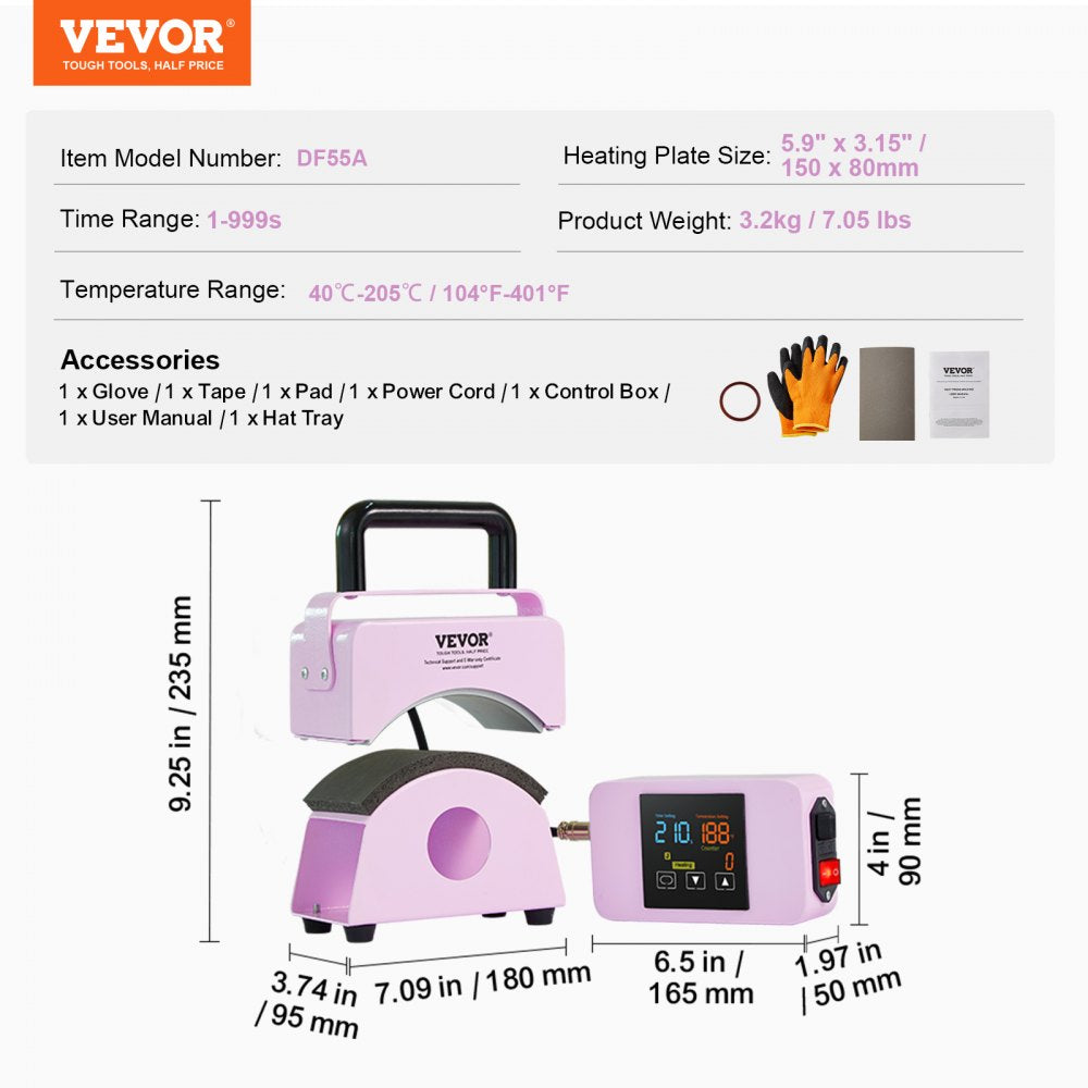 VEVOR Hat Press Machine Mini Hat Heat Press for Caps 5.9x3.15 inch Plate Purple 