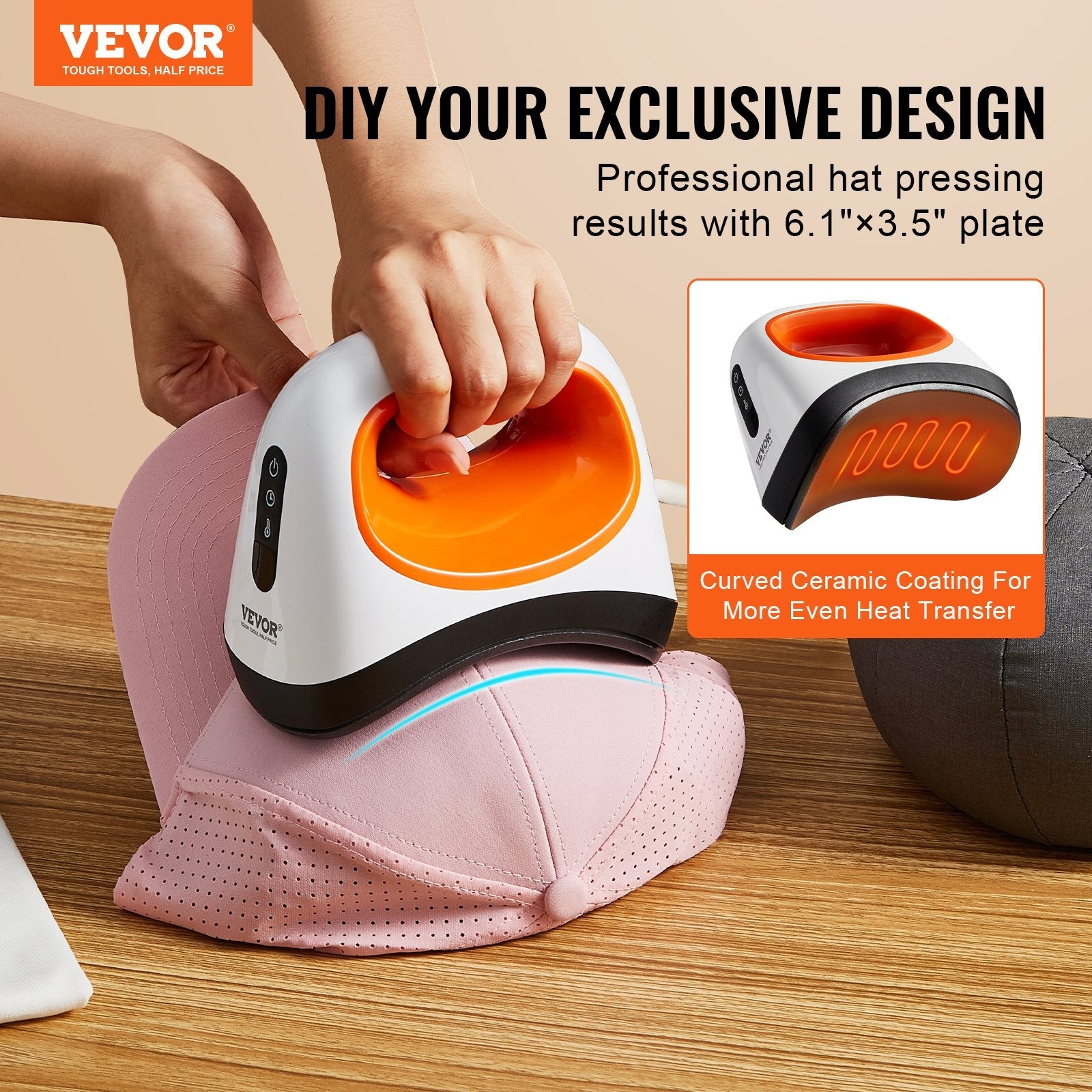 VEVOR Hat Press Machine Mini Hat Heat Press for Caps 6.1 x 3.5 inch Plate White 