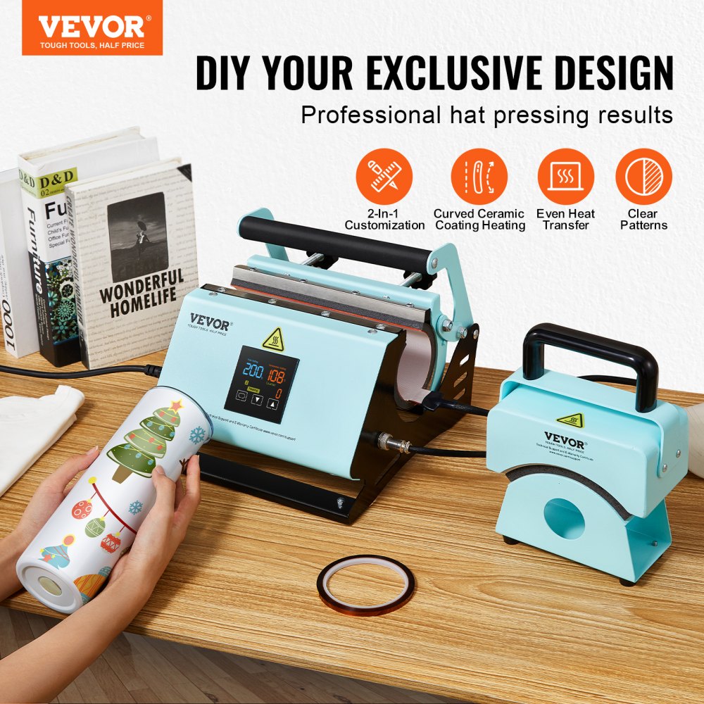 VEVOR 2 in 1 Tumbler and Hat Heat Press Machine Heat Machine for Caps Hats Mugs 