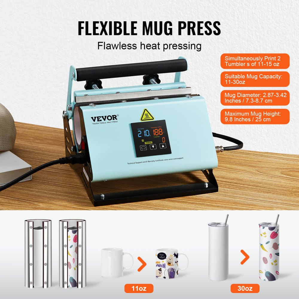 VEVOR 2 in 1 Tumbler and Hat Heat Press Machine Heat Machine for Caps Hats Mugs 