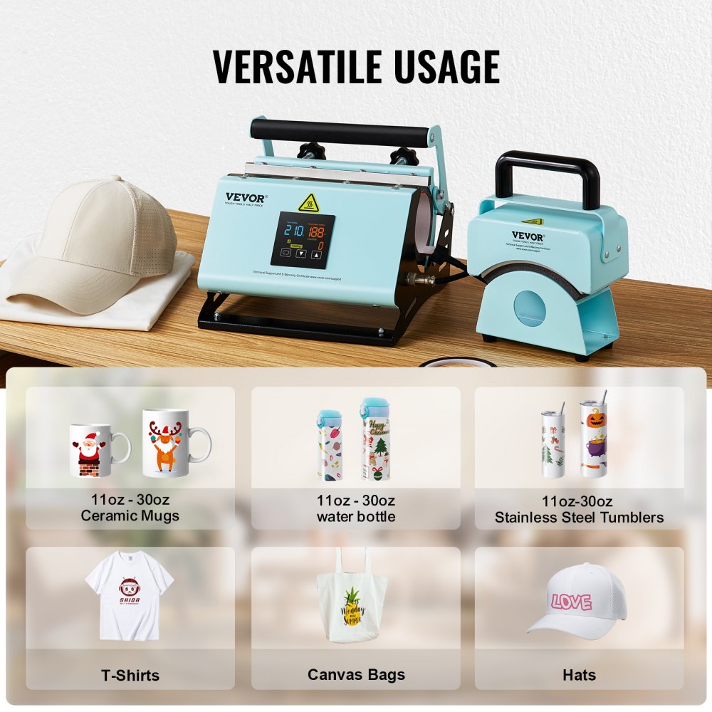 VEVOR 2 in 1 Tumbler and Hat Heat Press Machine Heat Machine for Caps Hats Mugs 