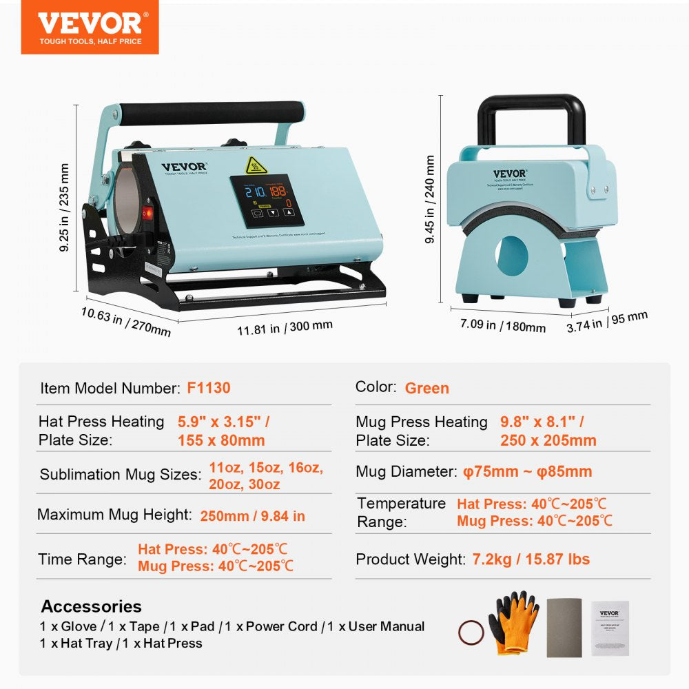 VEVOR 2 in 1 Tumbler and Hat Heat Press Machine Heat Machine for Caps Hats Mugs 