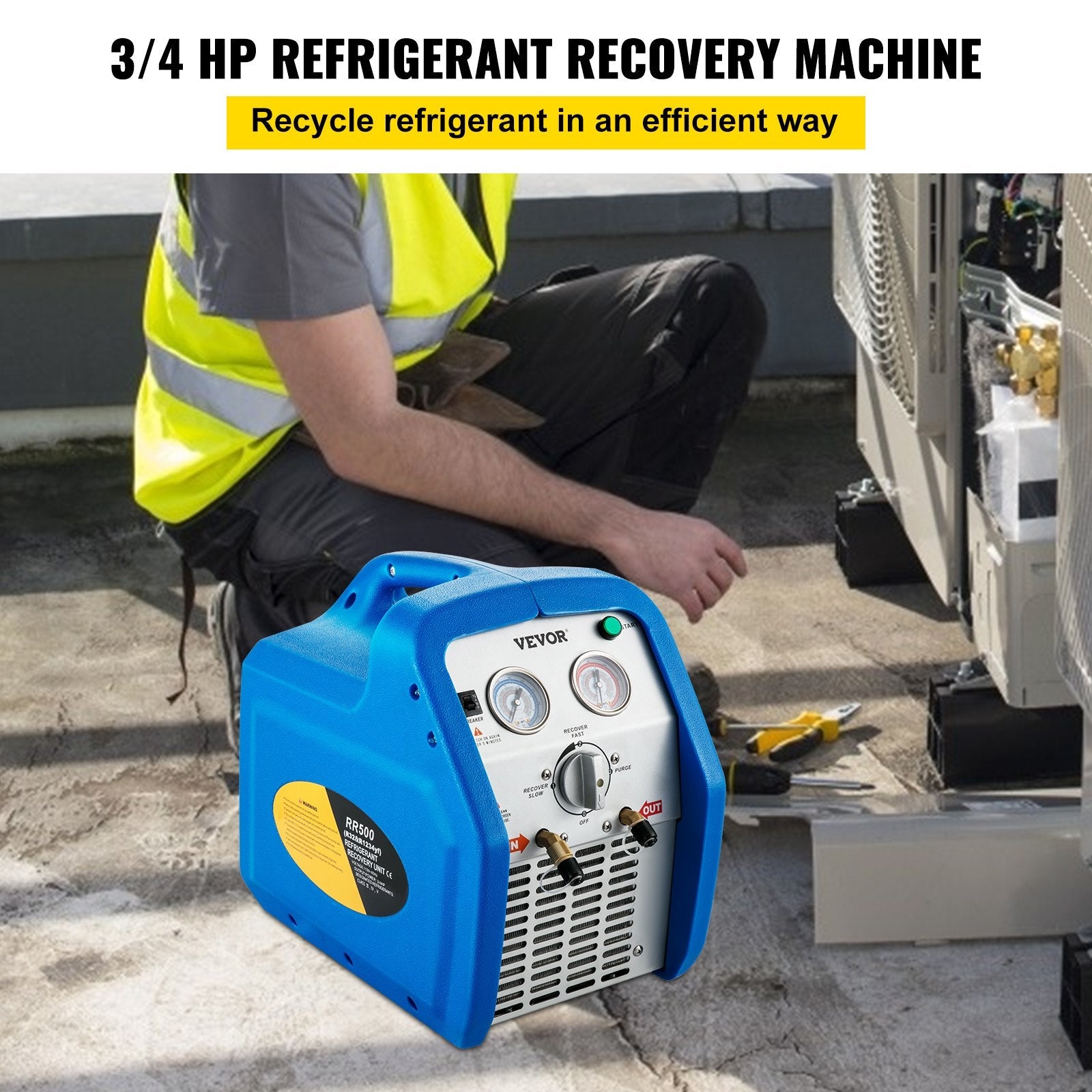 VEVOR Refrigerant Recovery Machine, 110V-120V AC 60Hz 3/4HP, Dual Cylinder Oil-less, Portable Recovery Unit, for Both Liquid and Vapor Refrigerant, Air Condition Blue 