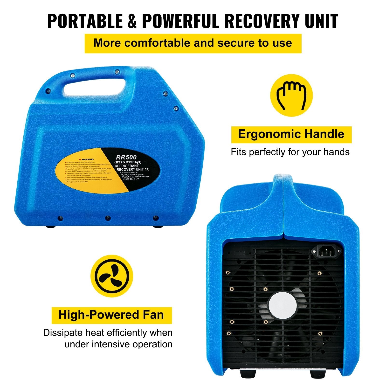 VEVOR Refrigerant Recovery Machine, 110V-120V AC 60Hz 3/4HP, Dual Cylinder Oil-less, Portable Recovery Unit, for Both Liquid and Vapor Refrigerant, Air Condition Blue 