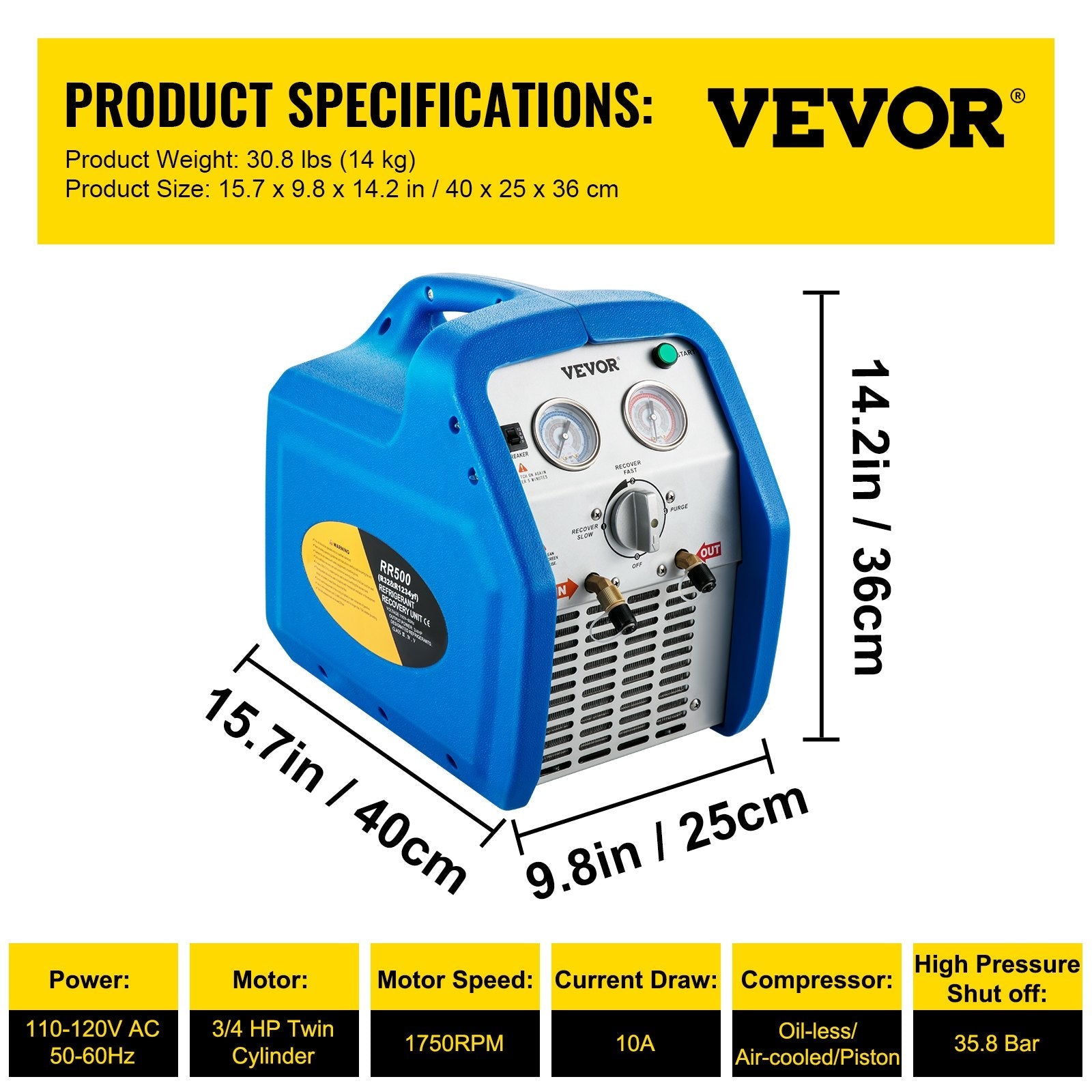 VEVOR Refrigerant Recovery Machine, 110V-120V AC 60Hz 3/4HP, Dual Cylinder Oil-less, Portable Recovery Unit, for Both Liquid and Vapor Refrigerant, Air Condition Blue 