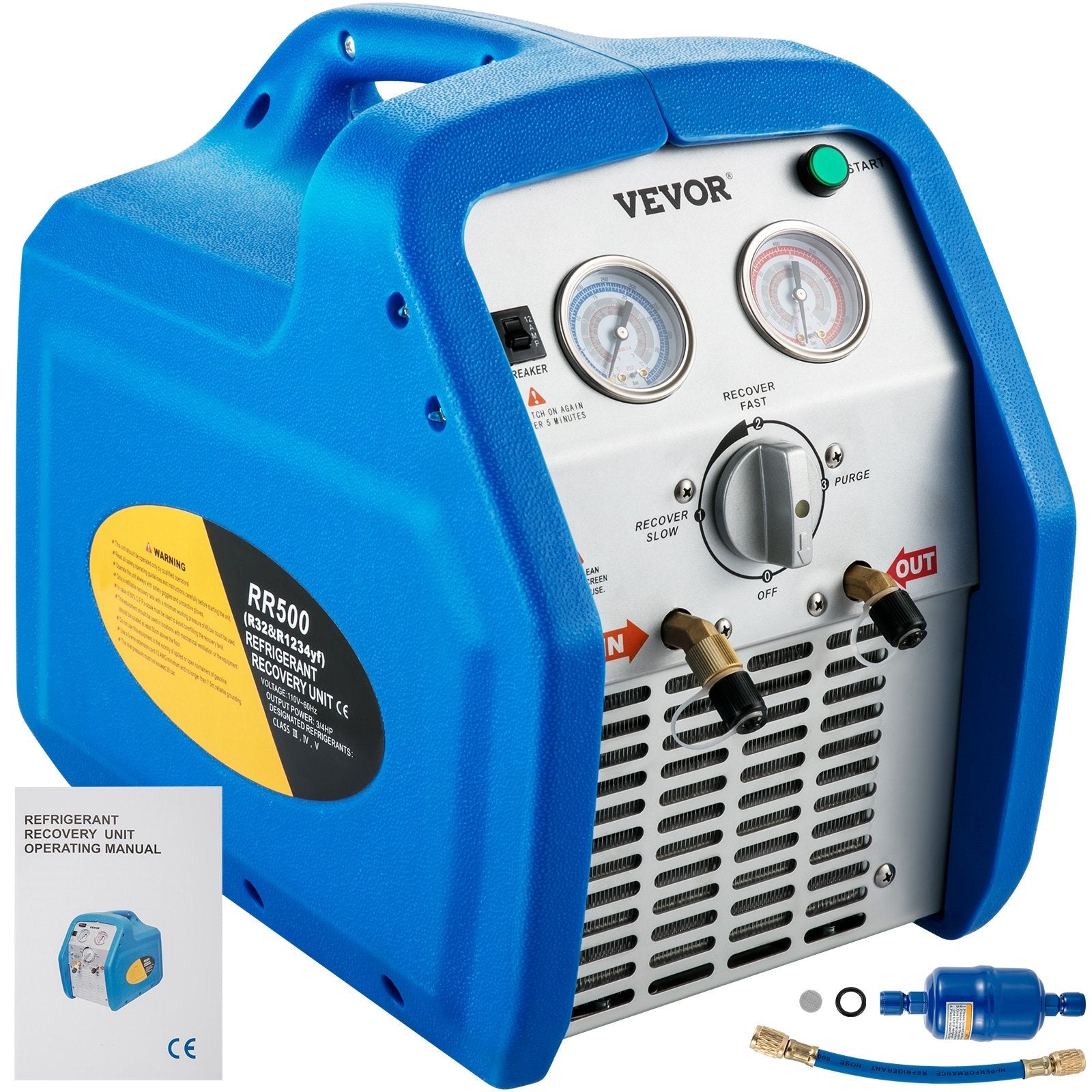 VEVOR Refrigerant Recovery Machine, 110V-120V AC 60Hz 3/4HP, Dual Cylinder Oil-less, Portable Recovery Unit, for Both Liquid and Vapor Refrigerant, Air Condition Blue 