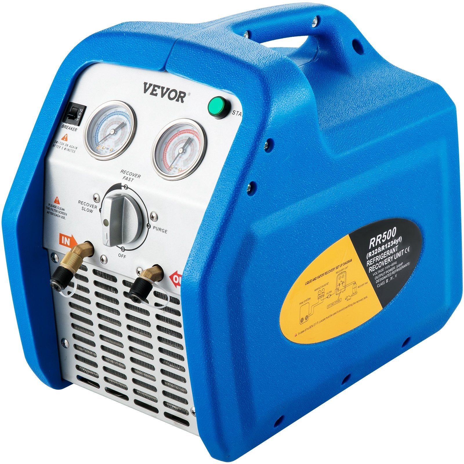 VEVOR Refrigerant Recovery Machine, 110V-120V AC 60Hz 3/4HP, Dual Cylinder Oil-less, Portable Recovery Unit, for Both Liquid and Vapor Refrigerant, Air Condition Blue 