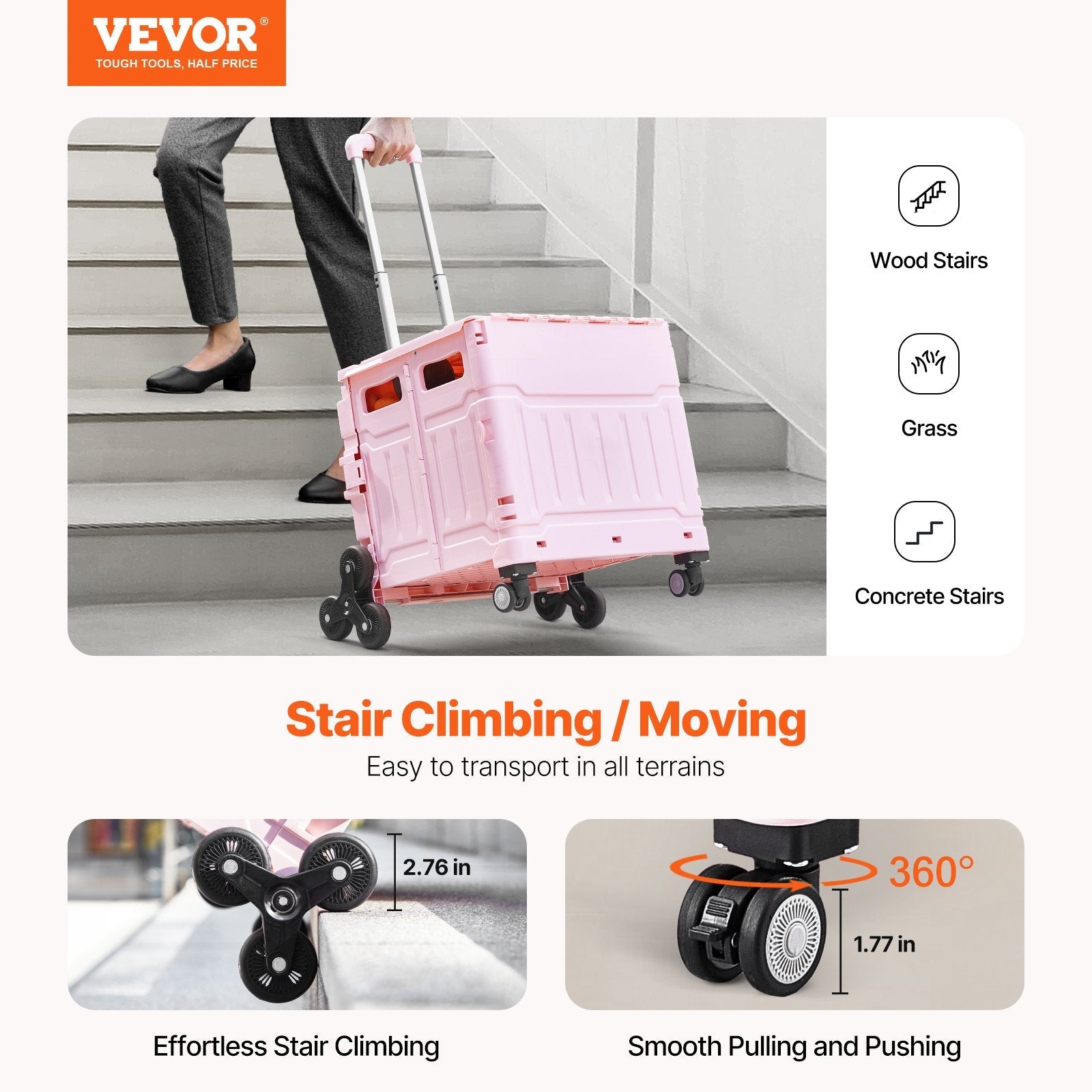 VEVOR Foldable Cart with Stair Climbing Wheels Collapsible Rolling Crate 65L 