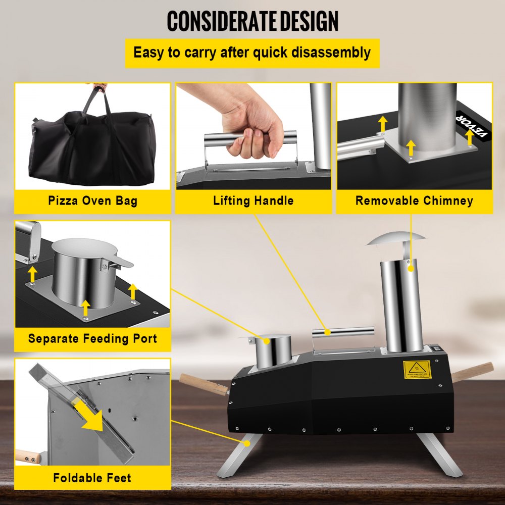 VEVOR Portable Pizza Oven, 12\" Pellet Pizza Oven, Stainless Steel Pizza Oven Outdoor, Wood Burning Pizza Oven w/Foldable Feet Portable Wood Oven w/Complete Accessories & Pizza Bag for Outdoor Cooking 