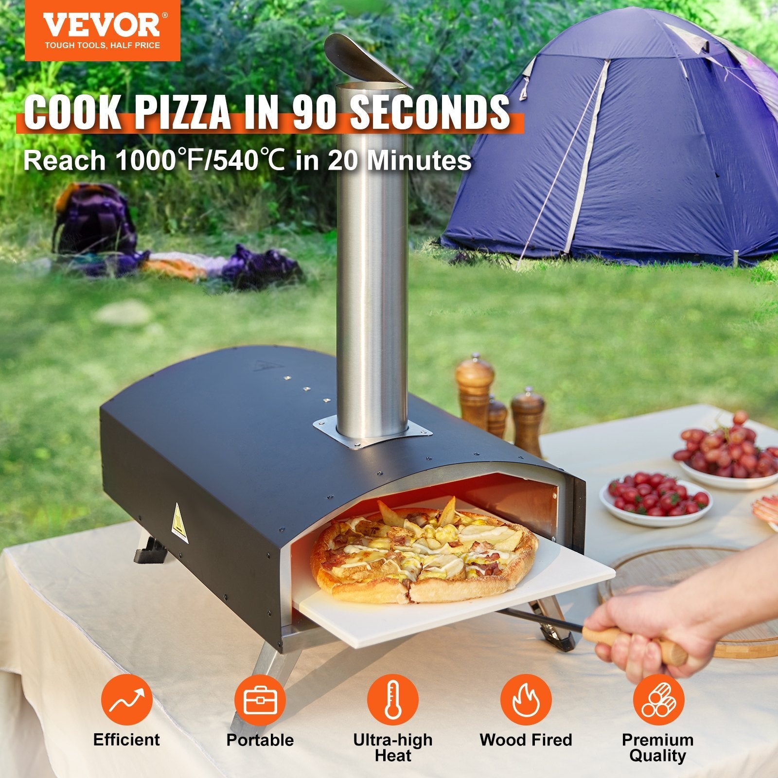 VEVOR Outdoor Pizza Oven, Wood Pellet and Charcoal Fired Pizza Maker 12-inch, Portable Outside Stainless Steel Pizza Grill with Pizza Stone, Waterproof Cover, Shovel, Wood Burner for Backyard Camping 