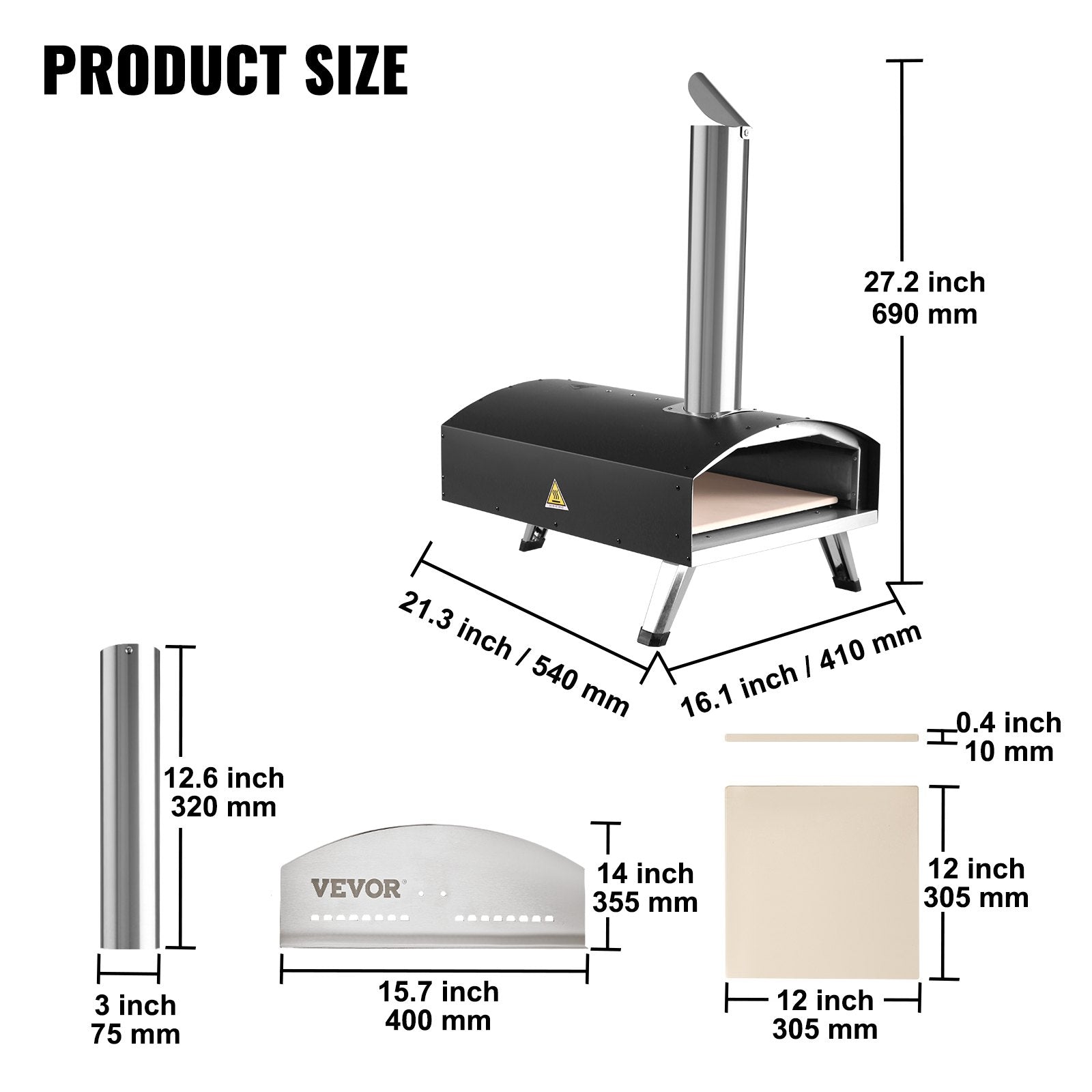 VEVOR Outdoor Pizza Oven, Wood Pellet and Charcoal Fired Pizza Maker 12-inch, Portable Outside Stainless Steel Pizza Grill with Pizza Stone, Waterproof Cover, Shovel, Wood Burner for Backyard Camping 