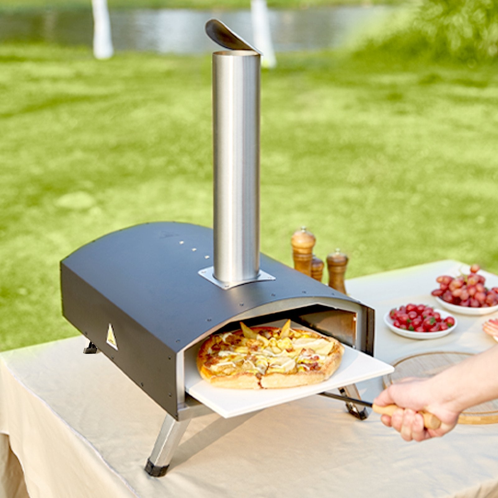 VEVOR Outdoor Pizza Oven, Wood Pellet and Charcoal Fired Pizza Maker 12-inch, Portable Outside Stainless Steel Pizza Grill with Pizza Stone, Waterproof Cover, Shovel, Wood Burner for Backyard Camping 
