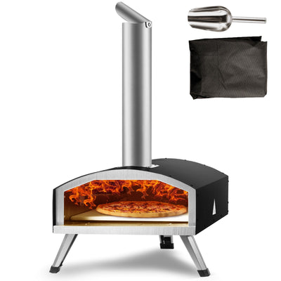 VEVOR Outdoor Pizza Oven, Wood Pellet and Charcoal Fired Pizza Maker 12-inch, Portable Outside Stainless Steel Pizza Grill with Pizza Stone, Waterproof Cover, Shovel, Wood Burner for Backyard Camping 