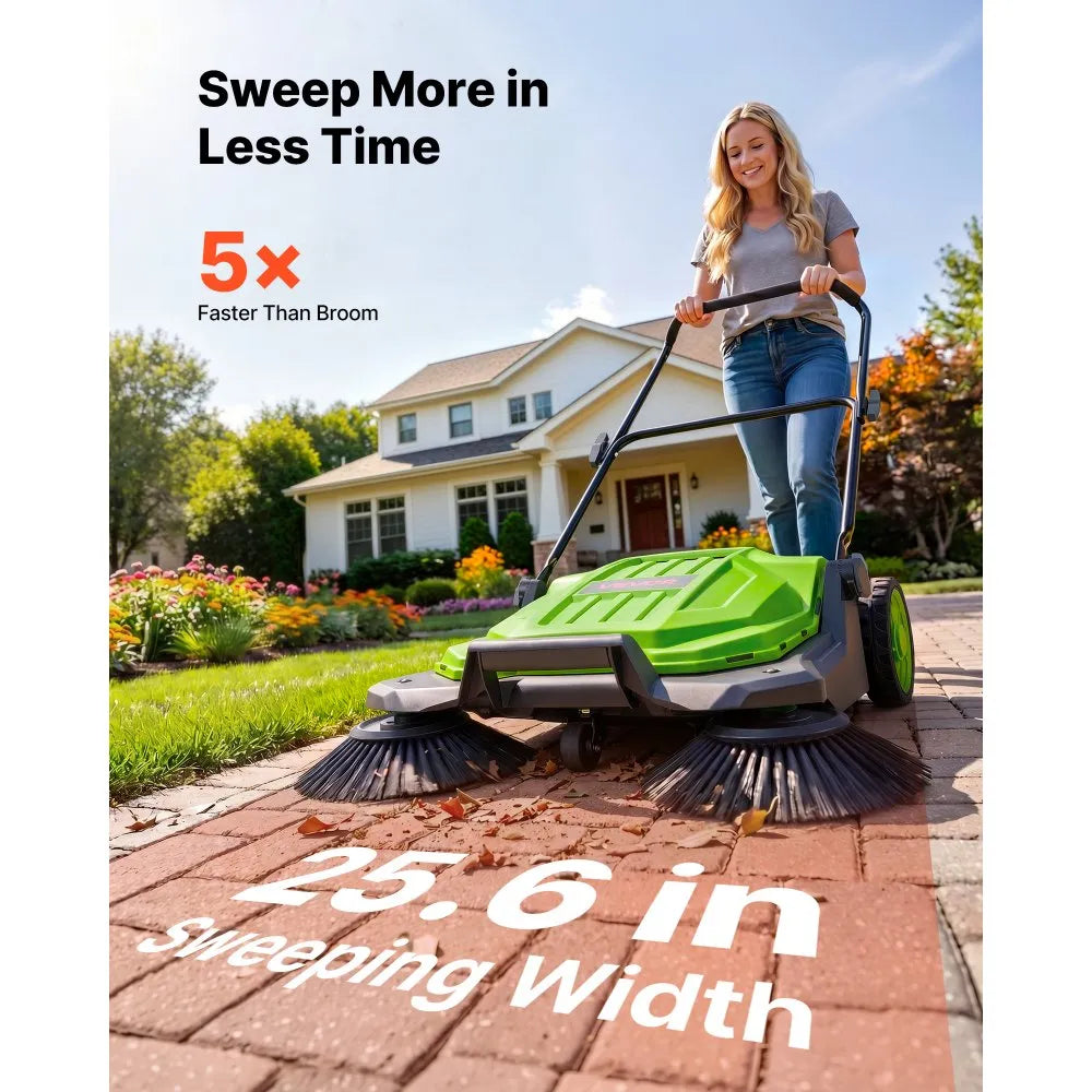 Walk-Behind Hand Push Floor Sweeper, Non-Electric Manual Floor Sweeper with 25.6" Sweeping Width, 5-Gallon Hopper & Adjustable Folding Handle for Yards, Patios, Garages & Driveways