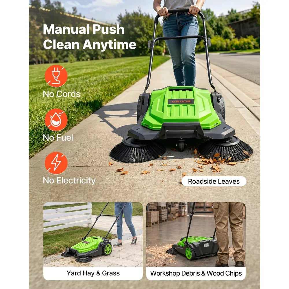 Walk-Behind Hand Push Floor Sweeper, Non-Electric Manual Floor Sweeper with 25.6" Sweeping Width, 5-Gallon Hopper & Adjustable Folding Handle for Yards, Patios, Garages & Driveways