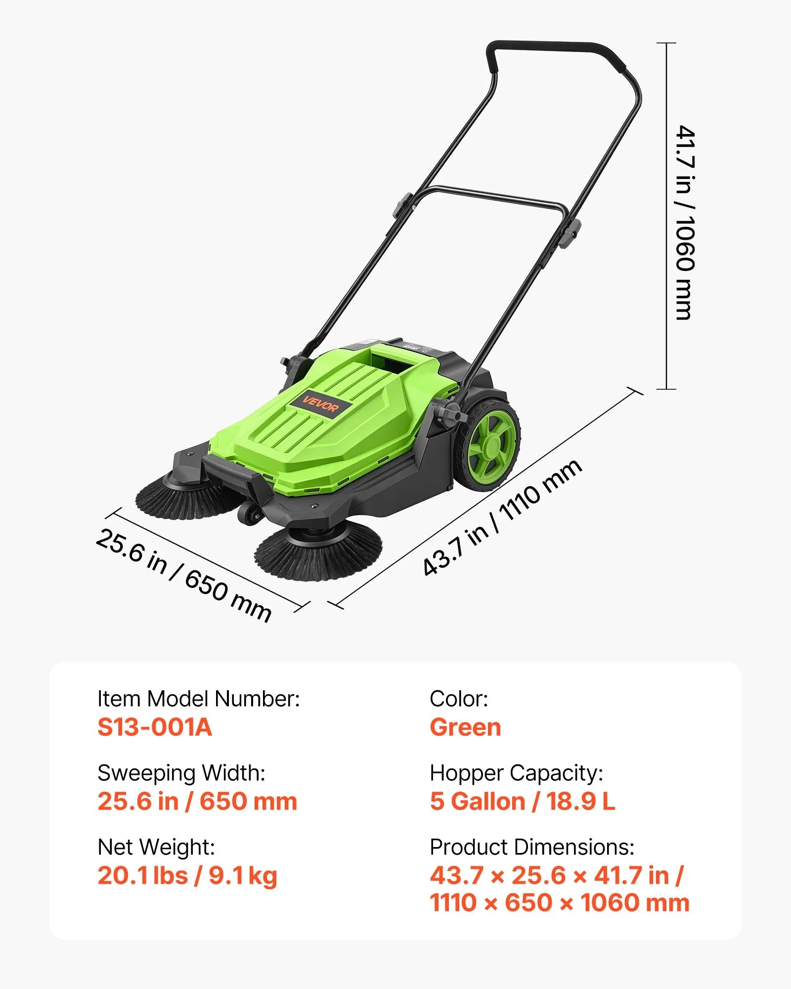 Walk-Behind Hand Push Floor Sweeper, Non-Electric Manual Floor Sweeper with 25.6" Sweeping Width, 5-Gallon Hopper & Adjustable Folding Handle for Yards, Patios, Garages & Driveways