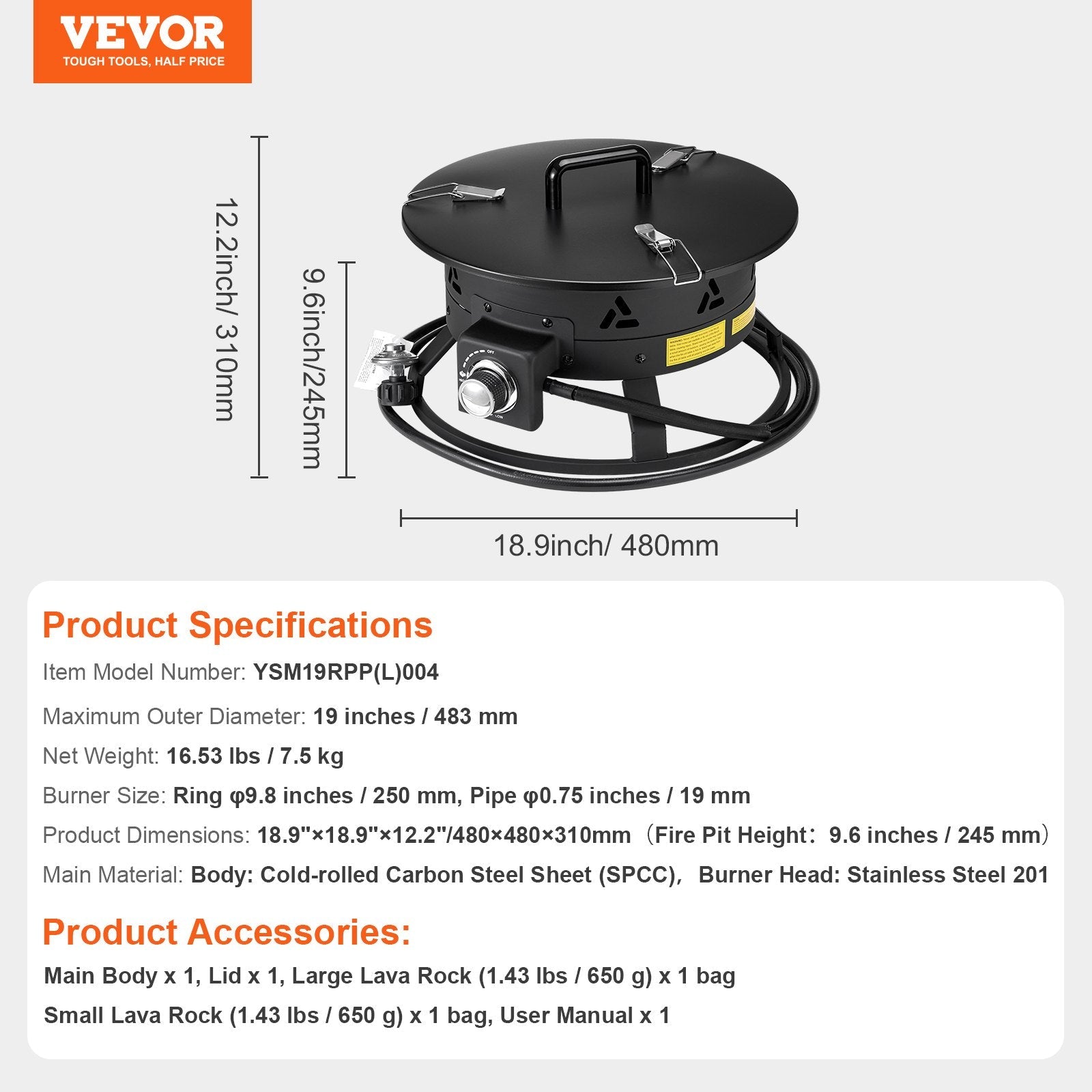 VEVOR Propane Fire Pit 19” Outdoor Portable Gas Fire Pit for Heating 58000 BTU 