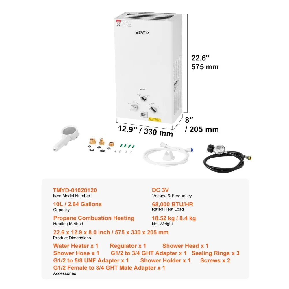VEVOR Portable Propane Water Heater 10L Tankless with Accessory Regulator
