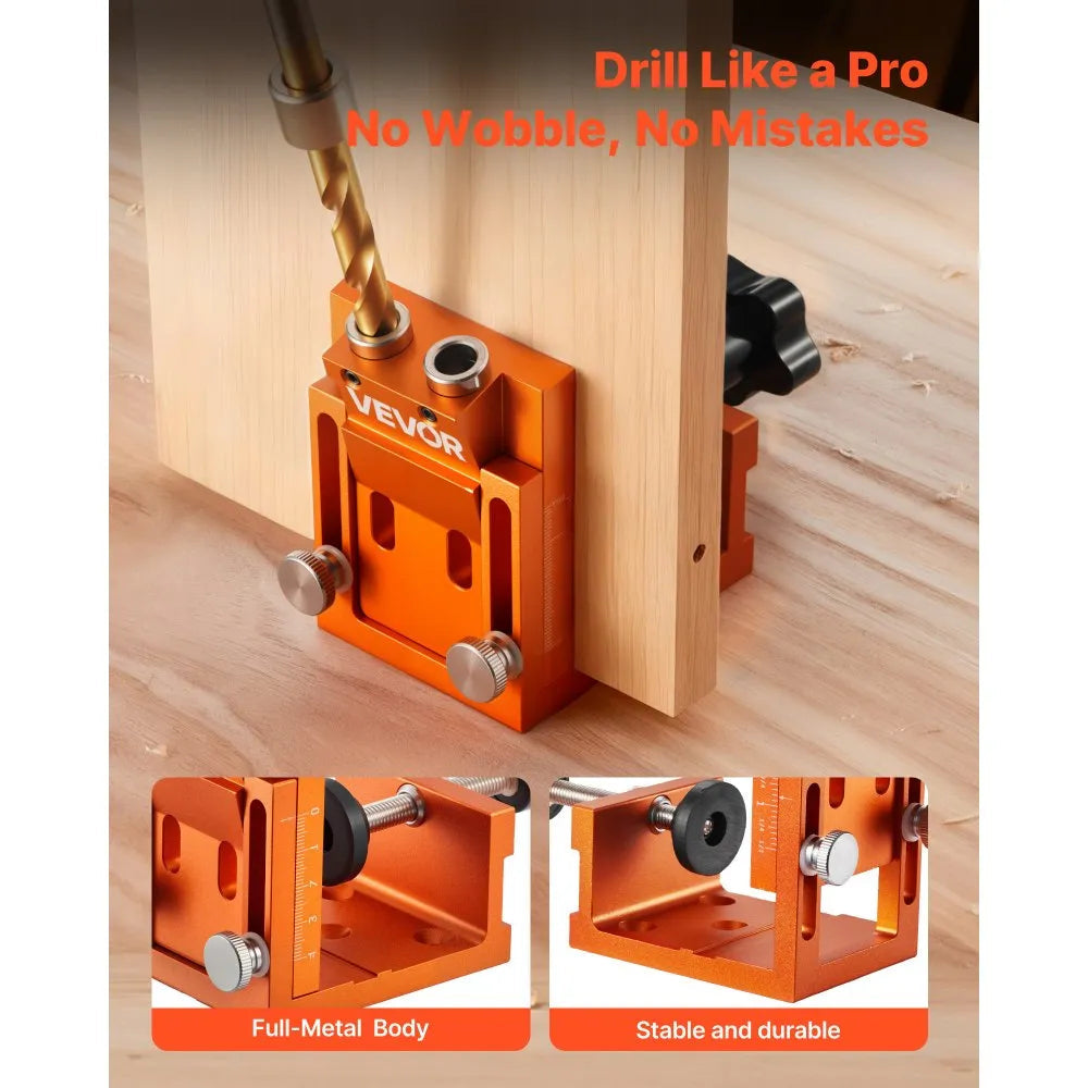 VEVOR Pocket Hole Jig Kit, 0.47 to 1.89 in Adjustable, Jig Pocket Hole System with Step Drill, Hex Wrench, Drill Stop Ring, Square Drive Bit, Plugs and Screws, Reinforced Metal Frame, for Woodworking 