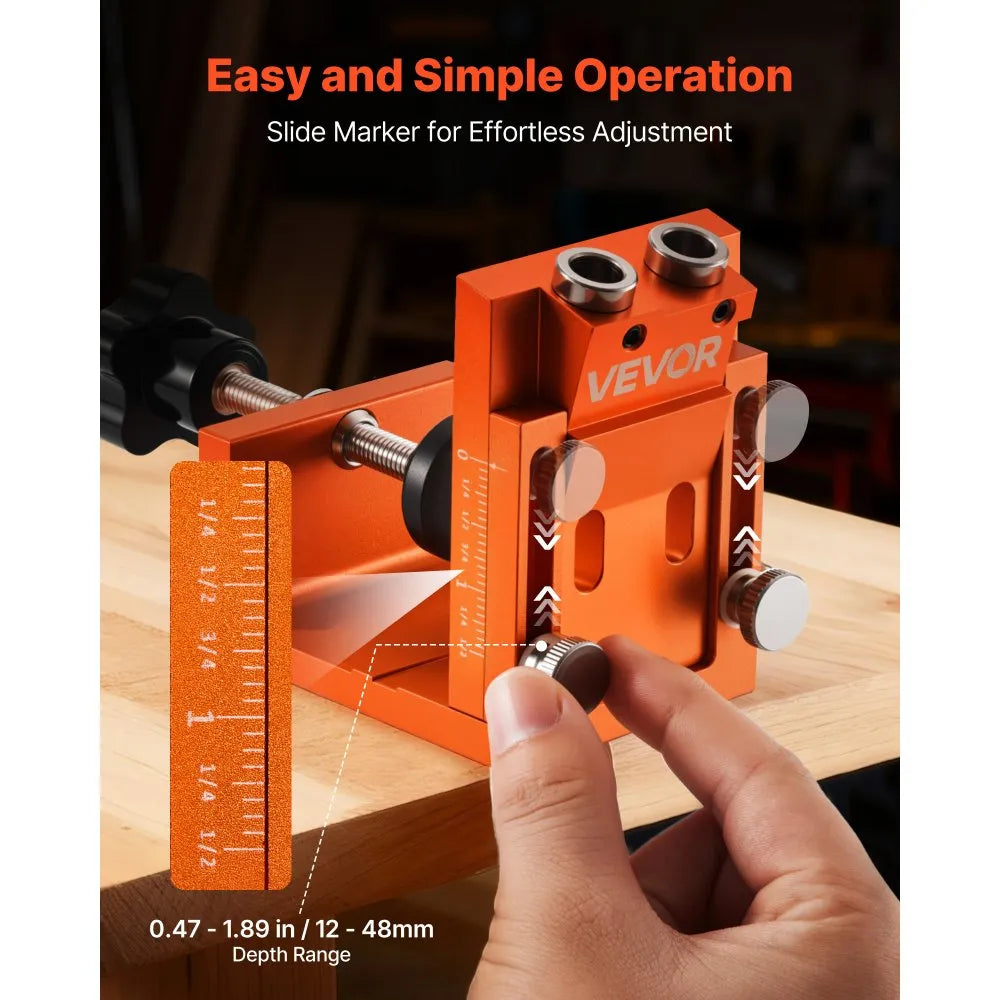 VEVOR Pocket Hole Jig Kit, 0.47 to 1.89 in Adjustable, Jig Pocket Hole System with Step Drill, Hex Wrench, Drill Stop Ring, Square Drive Bit, Plugs and Screws, Reinforced Metal Frame, for Woodworking 