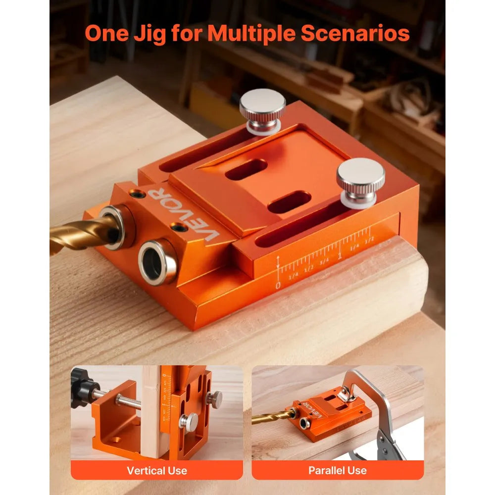 VEVOR Pocket Hole Jig Kit, 0.47 to 1.89 in Adjustable, Jig Pocket Hole System with Step Drill, Hex Wrench, Drill Stop Ring, Square Drive Bit, Plugs and Screws, Reinforced Metal Frame, for Woodworking 