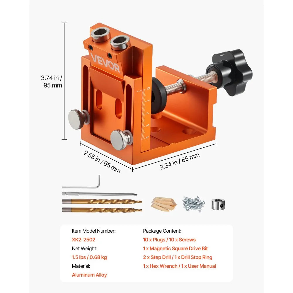 VEVOR Pocket Hole Jig Kit, 0.47 to 1.89 in Adjustable, Jig Pocket Hole System with Step Drill, Hex Wrench, Drill Stop Ring, Square Drive Bit, Plugs and Screws, Reinforced Metal Frame, for Woodworking 