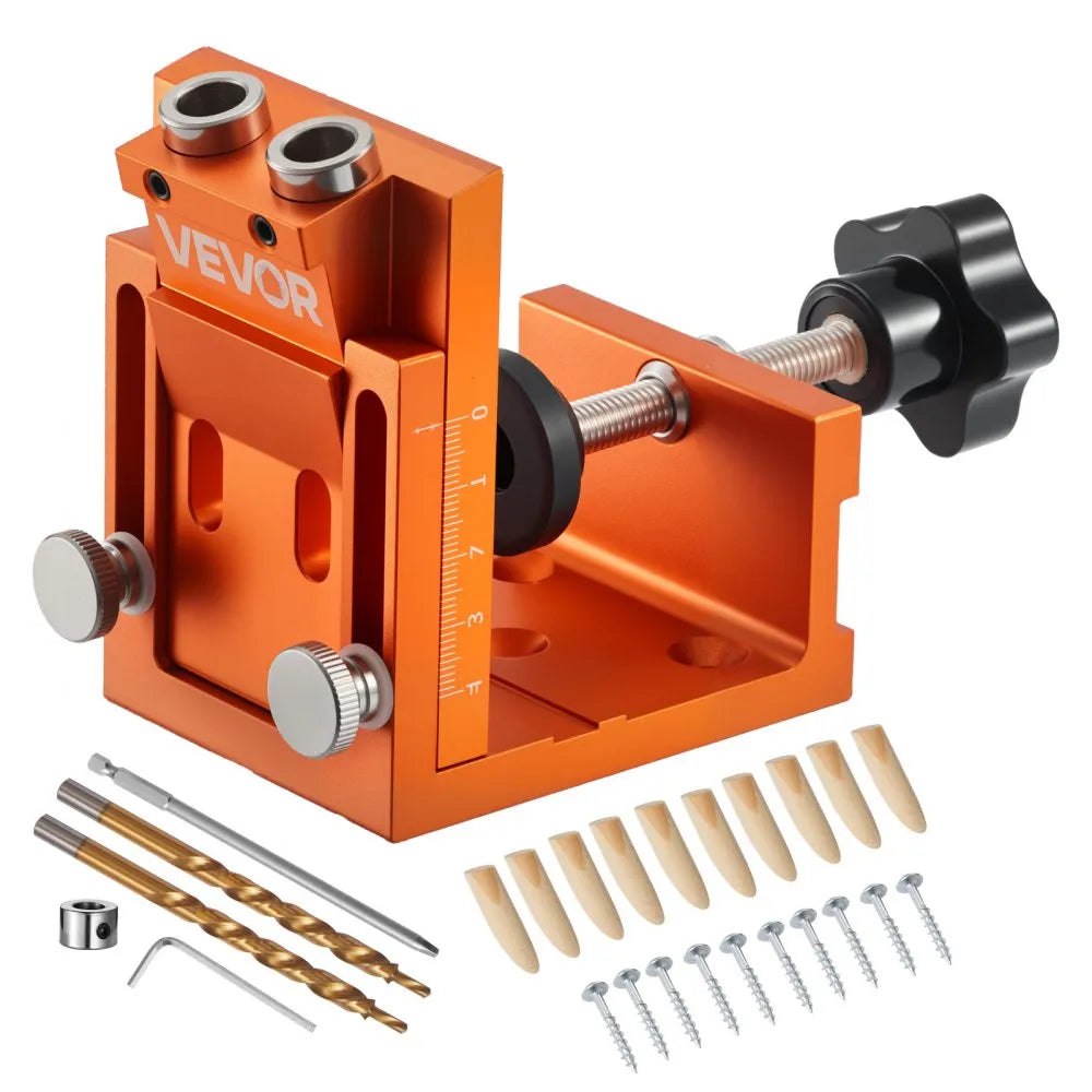 VEVOR Pocket Hole Jig Kit, 0.47 to 1.89 in Adjustable, Jig Pocket Hole System with Step Drill, Hex Wrench, Drill Stop Ring, Square Drive Bit, Plugs and Screws, Reinforced Metal Frame, for Woodworking 