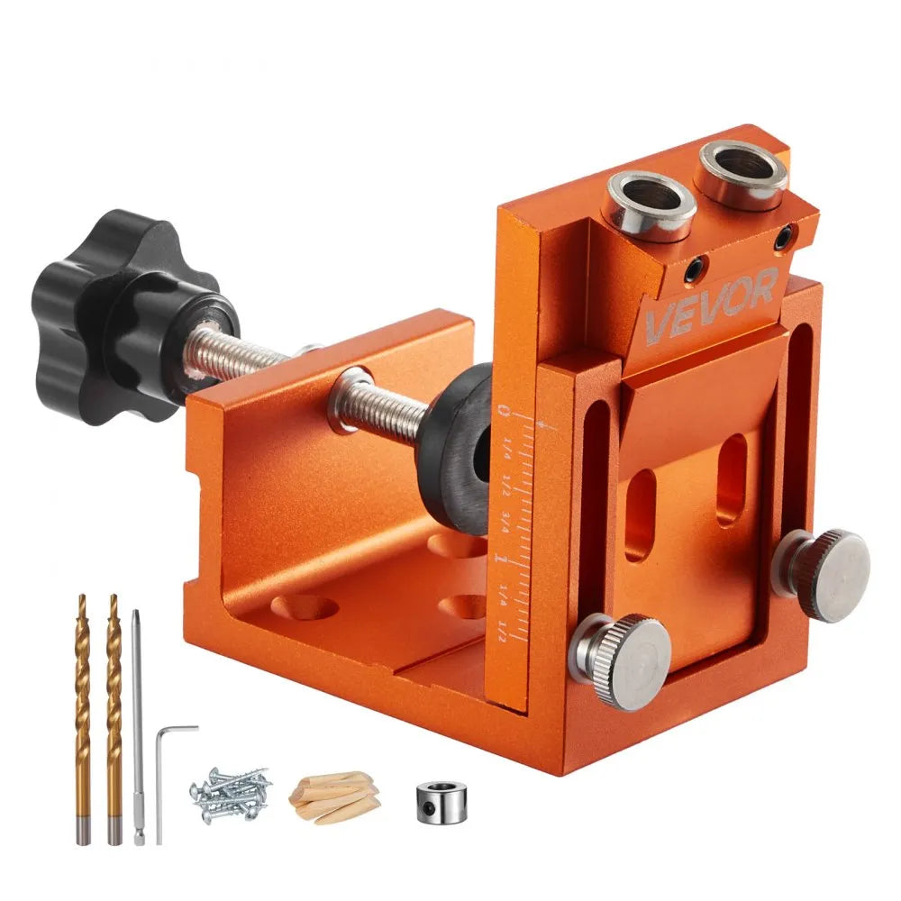 VEVOR Pocket Hole Jig Kit, 0.47 to 1.89 in Adjustable, Jig Pocket Hole System with Step Drill, Hex Wrench, Drill Stop Ring, Square Drive Bit, Plugs and Screws, Reinforced Metal Frame, for Woodworking 
