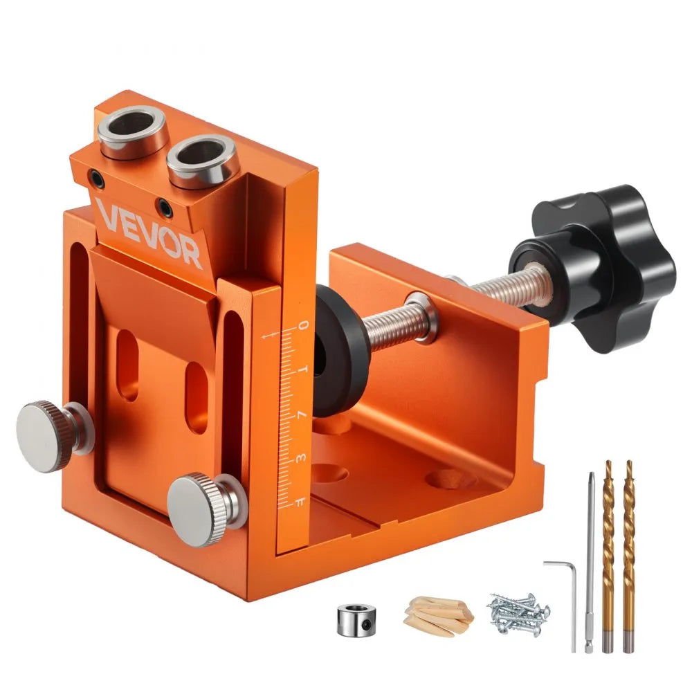 VEVOR Pocket Hole Jig Kit, 0.47 to 1.89 in Adjustable, Jig Pocket Hole System with Step Drill, Hex Wrench, Drill Stop Ring, Square Drive Bit, Plugs and Screws, Reinforced Metal Frame, for Woodworking 