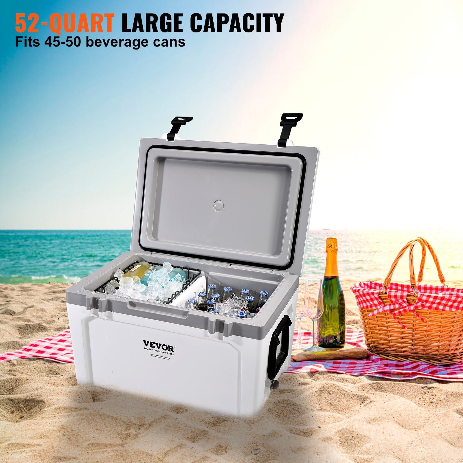 VEVOR Insulated Portable Cooler, 52 qt, Holds 50 Cans, Ice Retention Hard Cooler with Heavy Duty Handle, Ice Chest Lunch Box for Camping, Beach, Picnic, Travel, Outdoor, Keeps Ice for up to 6 Days 