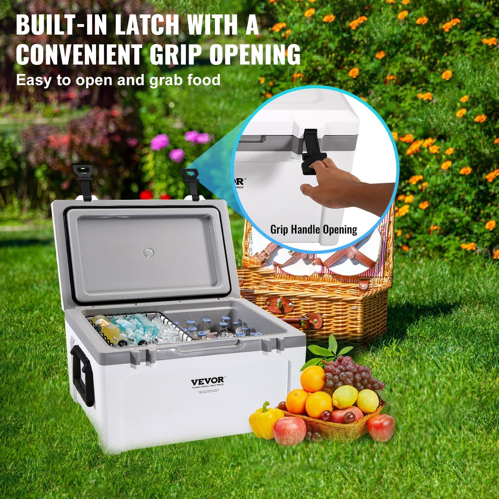 VEVOR Insulated Portable Cooler, 52 qt, Holds 50 Cans, Ice Retention Hard Cooler with Heavy Duty Handle, Ice Chest Lunch Box for Camping, Beach, Picnic, Travel, Outdoor, Keeps Ice for up to 6 Days 