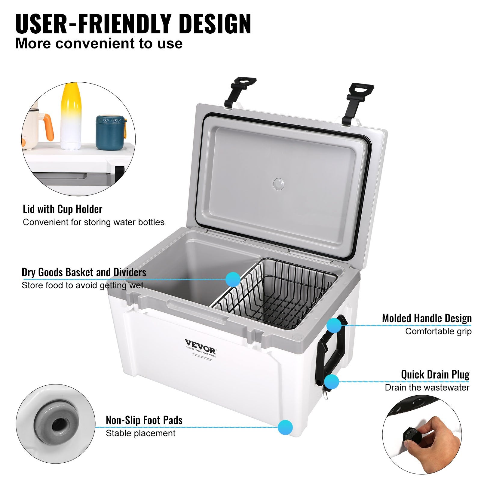 VEVOR Insulated Portable Cooler, 52 qt, Holds 50 Cans, Ice Retention Hard Cooler with Heavy Duty Handle, Ice Chest Lunch Box for Camping, Beach, Picnic, Travel, Outdoor, Keeps Ice for up to 6 Days 