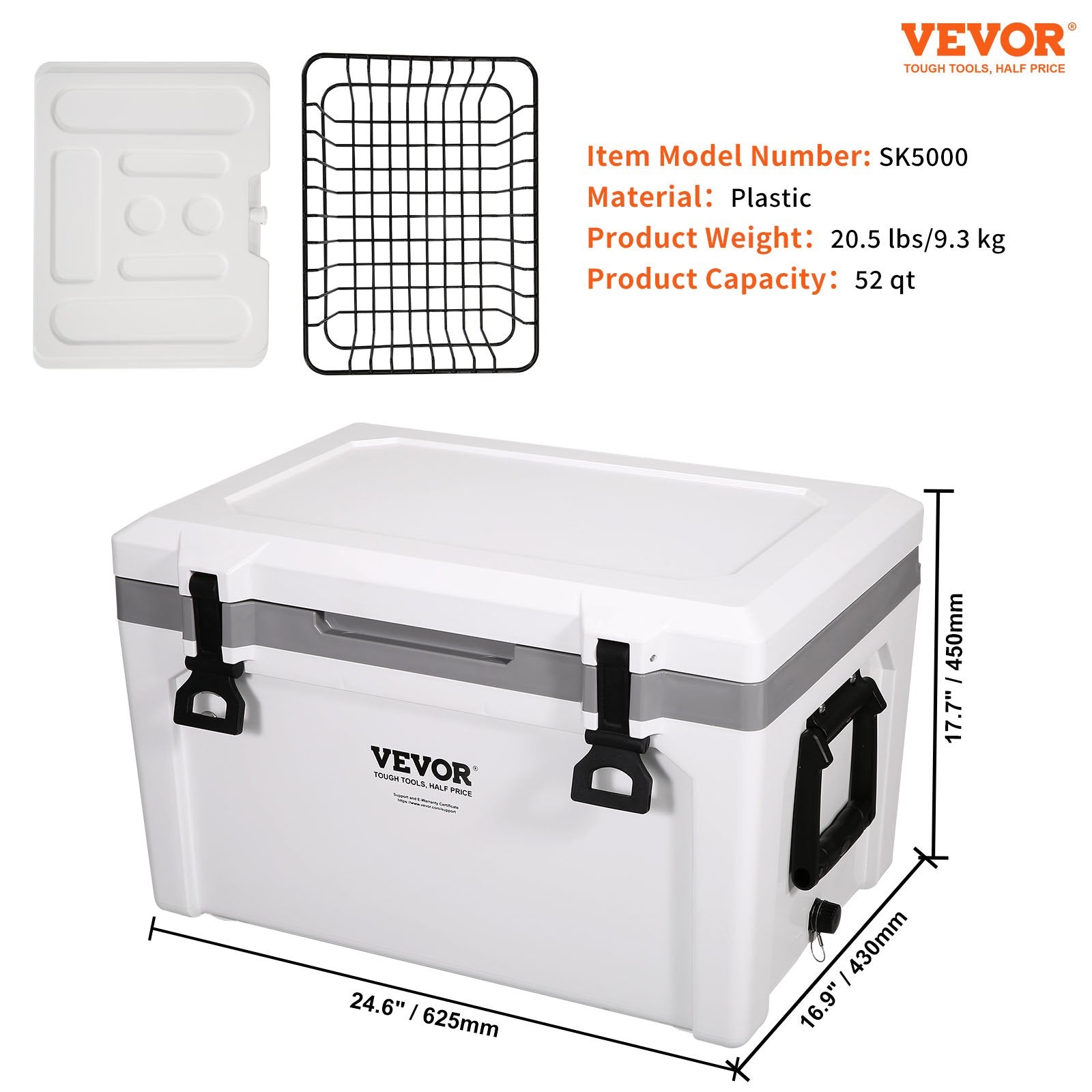 VEVOR Insulated Portable Cooler, 52 qt, Holds 50 Cans, Ice Retention Hard Cooler with Heavy Duty Handle, Ice Chest Lunch Box for Camping, Beach, Picnic, Travel, Outdoor, Keeps Ice for up to 6 Days 