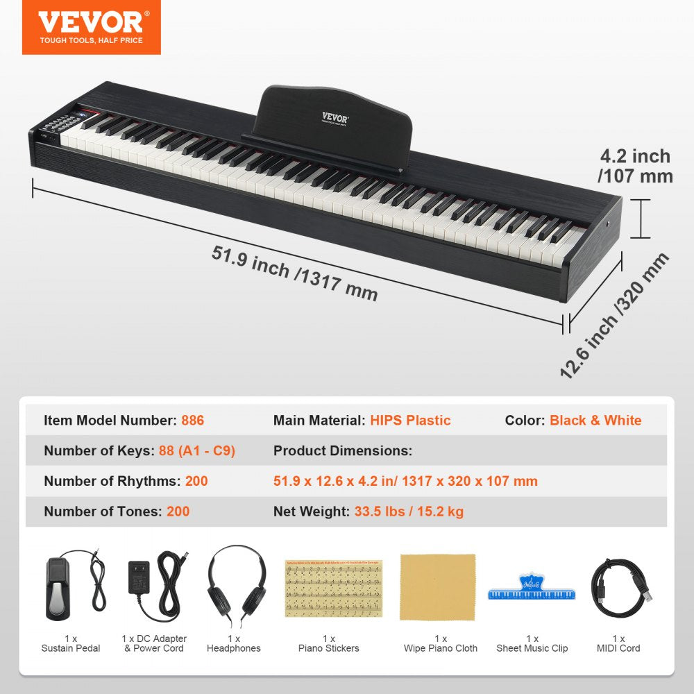 VEVOR 88 Key Fully Weighted Digital Piano Dual Keyboard Speakers Sustain Pedal 