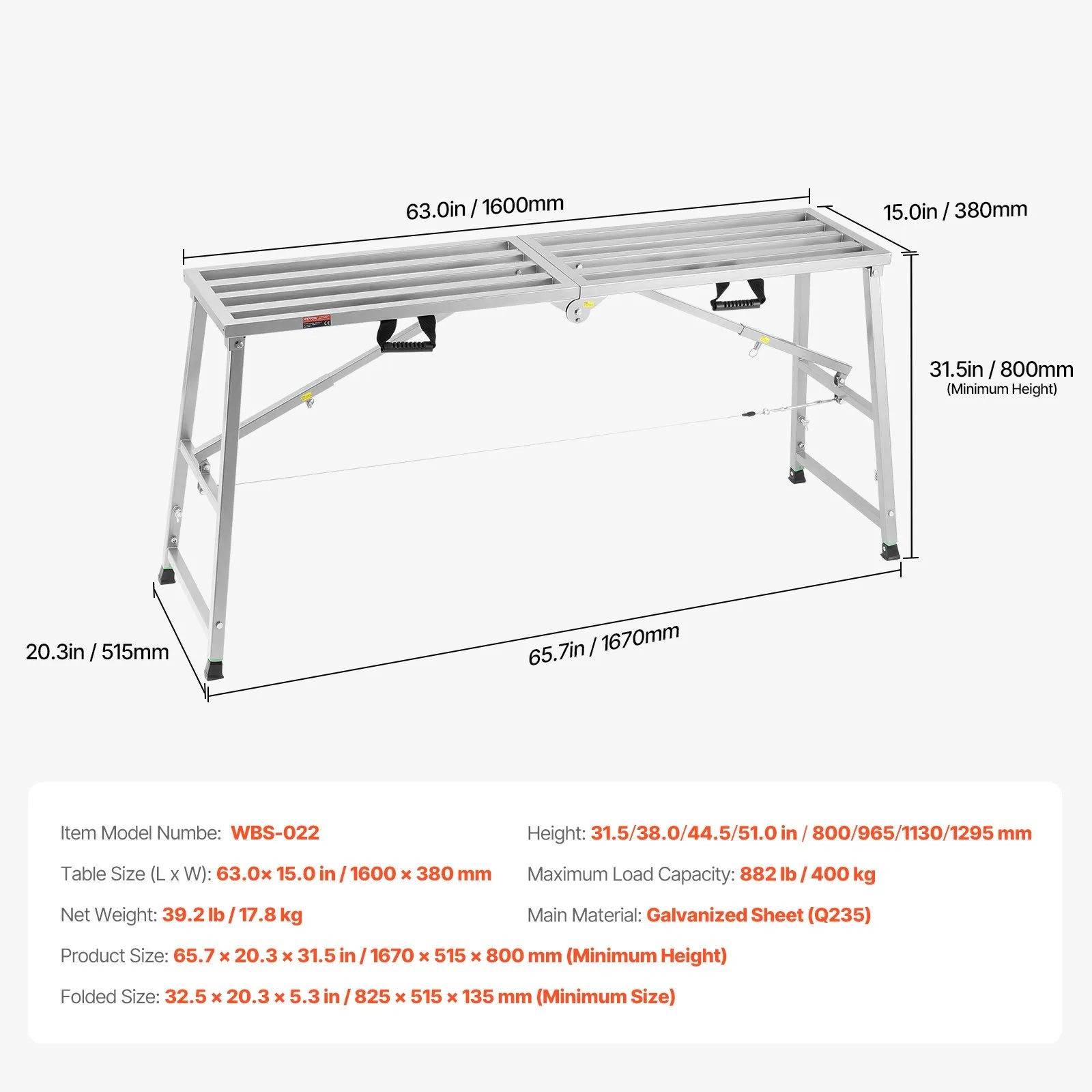 VEVOR Work Platform Adjustable Height Portable Scaffolding Platform 800 lb Load